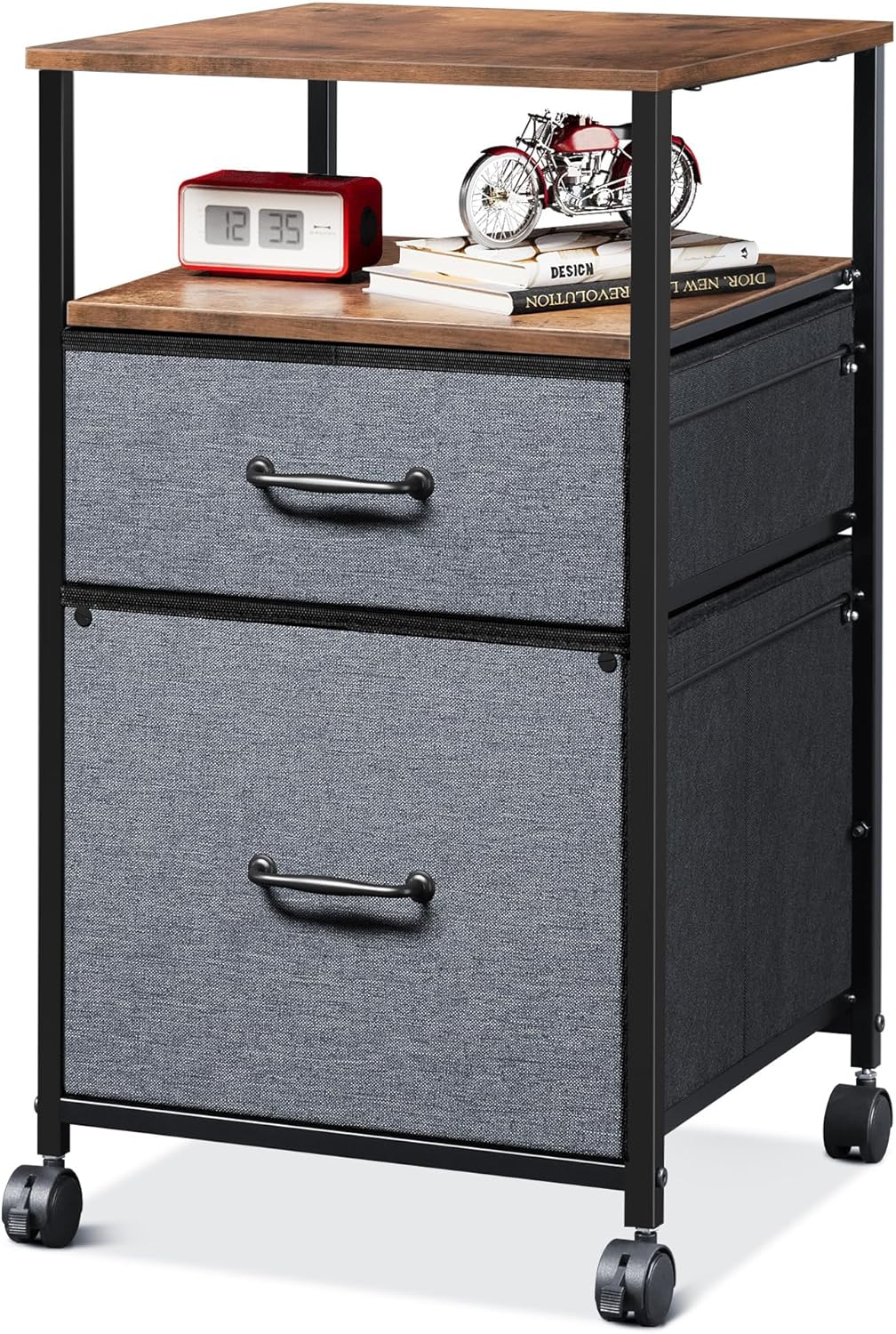 DEVAISE 2 Drawer Mobile File Cabinet, Rolling Printer Stand with Open Storage Shelf, Rustic Brown