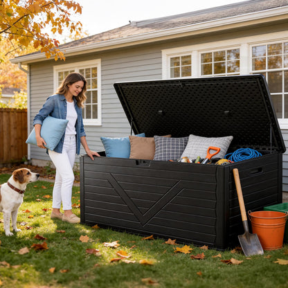 MAKE CHANGES Outdoor Storage Box,260 Gallon Deck Box Outdoor Storage Bench Outside Waterproof Resin Storage Bench, Lockable Patio Cushions, Garden Tools Storage For Furniture, UV Resistant
