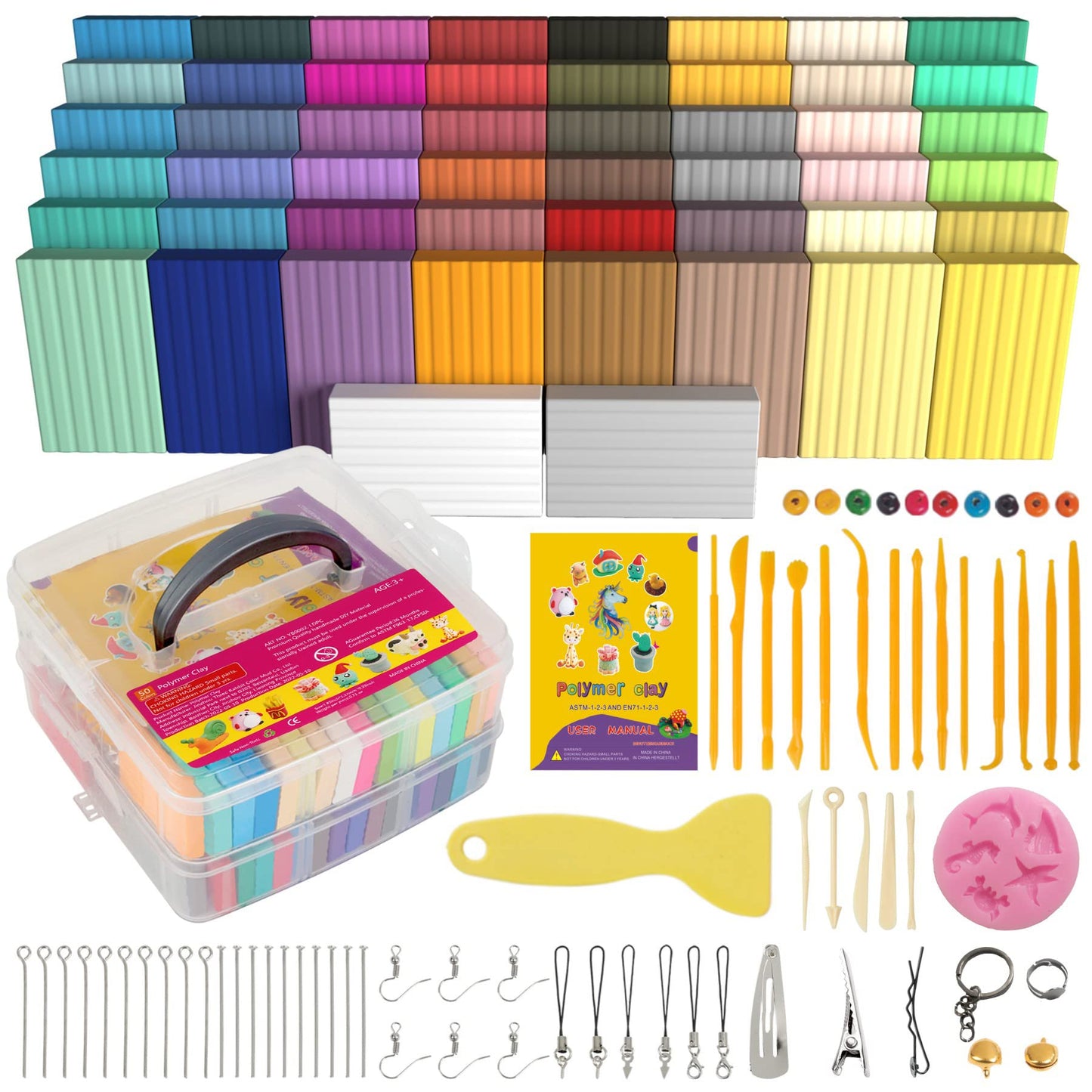 Aestd-ST Polymer Clay 50 Colors, Modeling Clay for Kids DIY Starter Kits, Oven Baked Model Clay, Non-Sticky Molding Clay with Sculpting Tools, Gift for Children and Artists