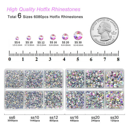 BEADSLAND Hotfix Rhinestones, 6080PCS AB Rhinestones for Clothes Crafts Mixed 6 Sizes with Wax Pencil and Tweezers Kit, SS6-SS30, Crystal AB