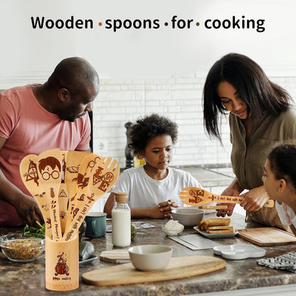 Wooden Spoons for Cooking Utensils Set 7pcs - Harry Gifts for Women Kitchen Accessories, Magic Wizard Spoon
