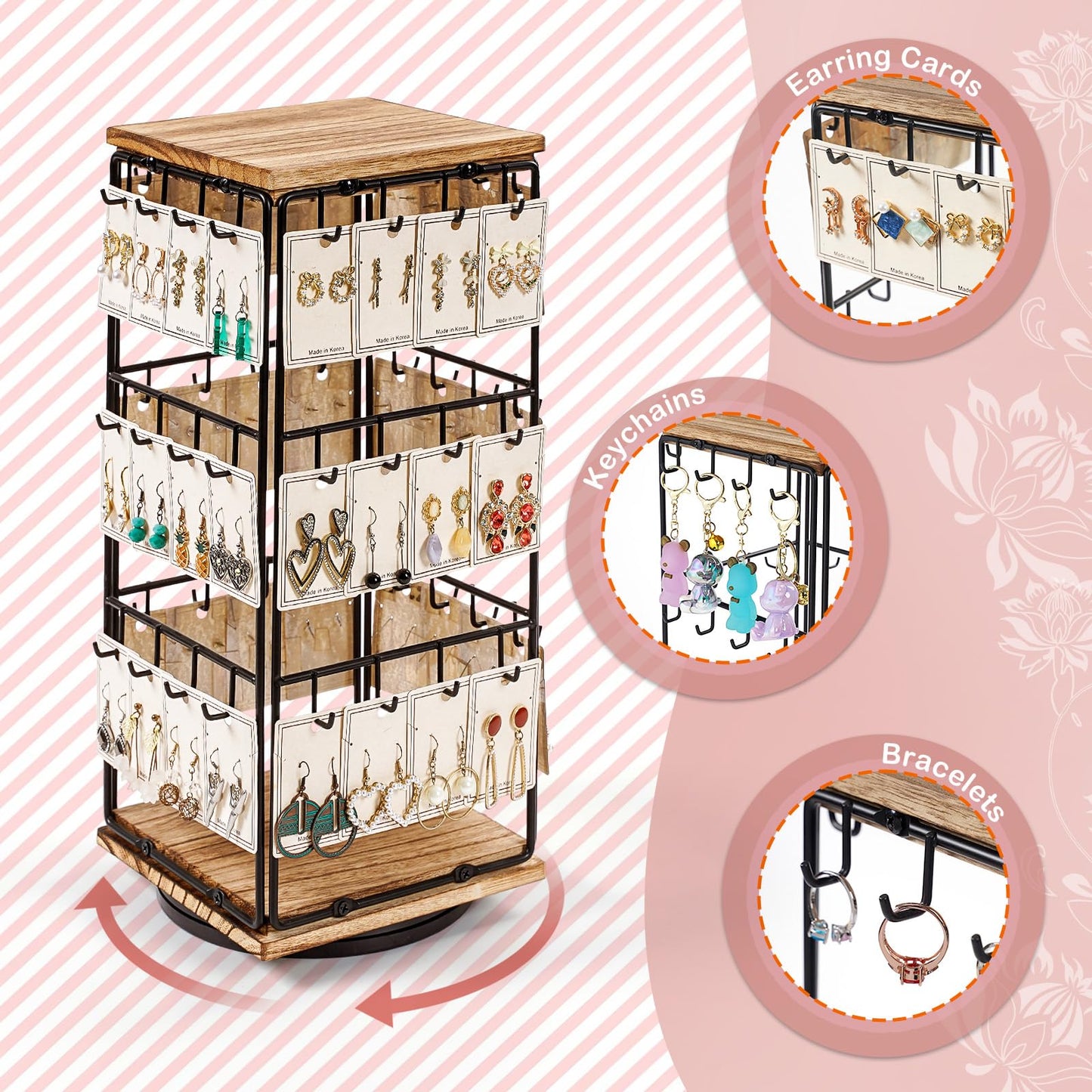 Yoimori 360 Rotating Earring Display Stands for Selling, Earring Rack Display Holder Stand, Jewelry Display for Vendors Selling Earring Cards, Necklaces, Bracelets, Hair Accessories (48 Hooks)