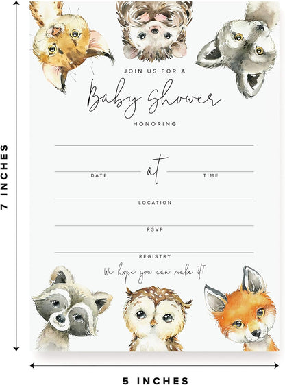Bliss Collections 25 Baby Shower Invitations with Envelopes, Woodland Animals, Gender Neutral 5x7 Cards