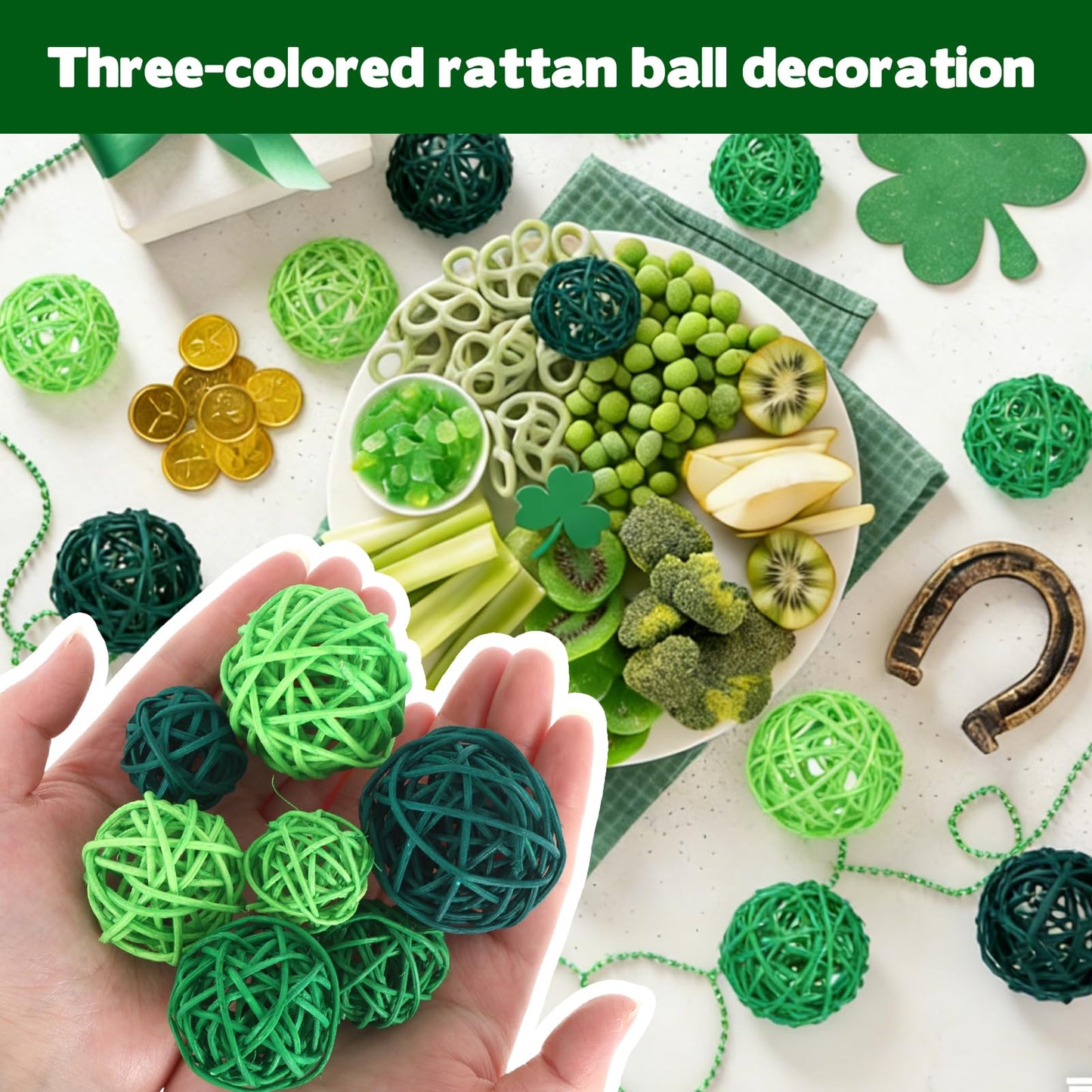 42Pcs St Patricks Day Vase Filler Wicker Rattan Balls, Table Decor Wicker Rattan Balls Hanging Ornaments Vase Bowl Fillers for Spring St. Patrick's Day Home Vase Centerpiece Bowls Table Decor