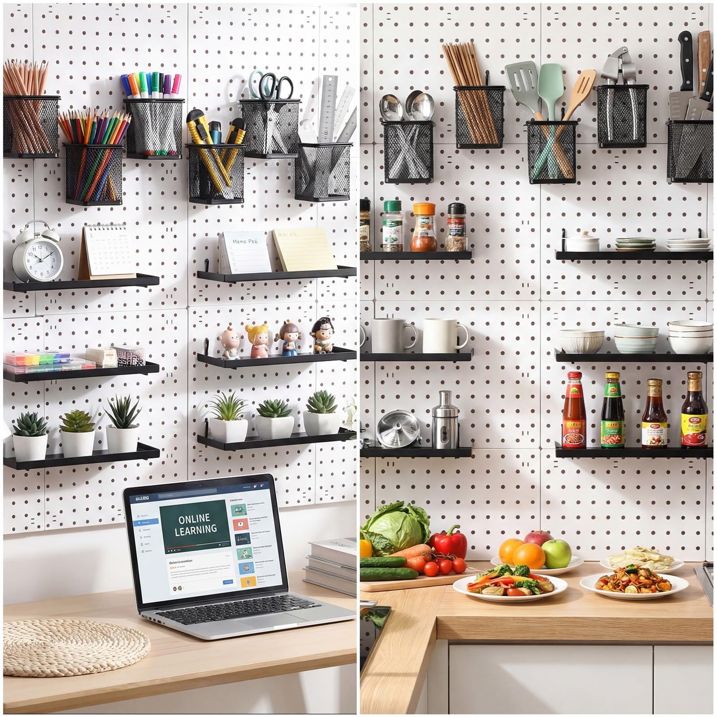 Tosstuki 12 Pack Pegboard Organizer Accessories - 6 Pegboard Cups Pencil Holder Peg Board - 6 Shelves Metal Shelf Brackets - Tools Storage Arrange System Kit for Office Garage Room