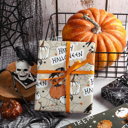 LeZakaa Halloween Wrapping Paper Roll & 13" Gift Bag with Tissue Paper, Gift Tag, and Card, Evil Pumpkin Fluorescent Black