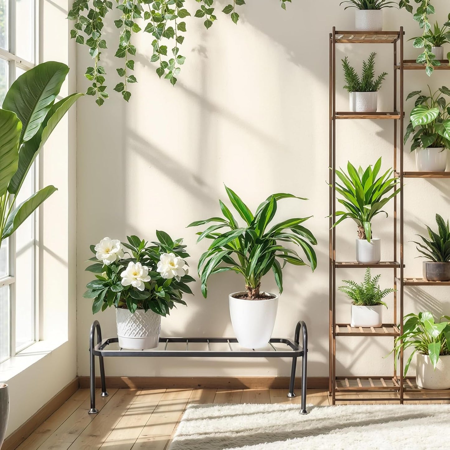 Josmimic 1-Tier Metal Plant Stand Indoor Outdoor, Heavy Duty Ladder Plant Shelf for Multiple Pots - Durable Flower