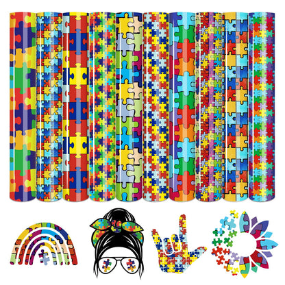 Tintnut Puzzle Pieces Heat Transfer Vinyl - 10 Sheets 10x12 Inch Autism Awareness Puzzles Craft Cutter HTV Vinyl Rainbow Color Pattern Printed Iron on Vinyl