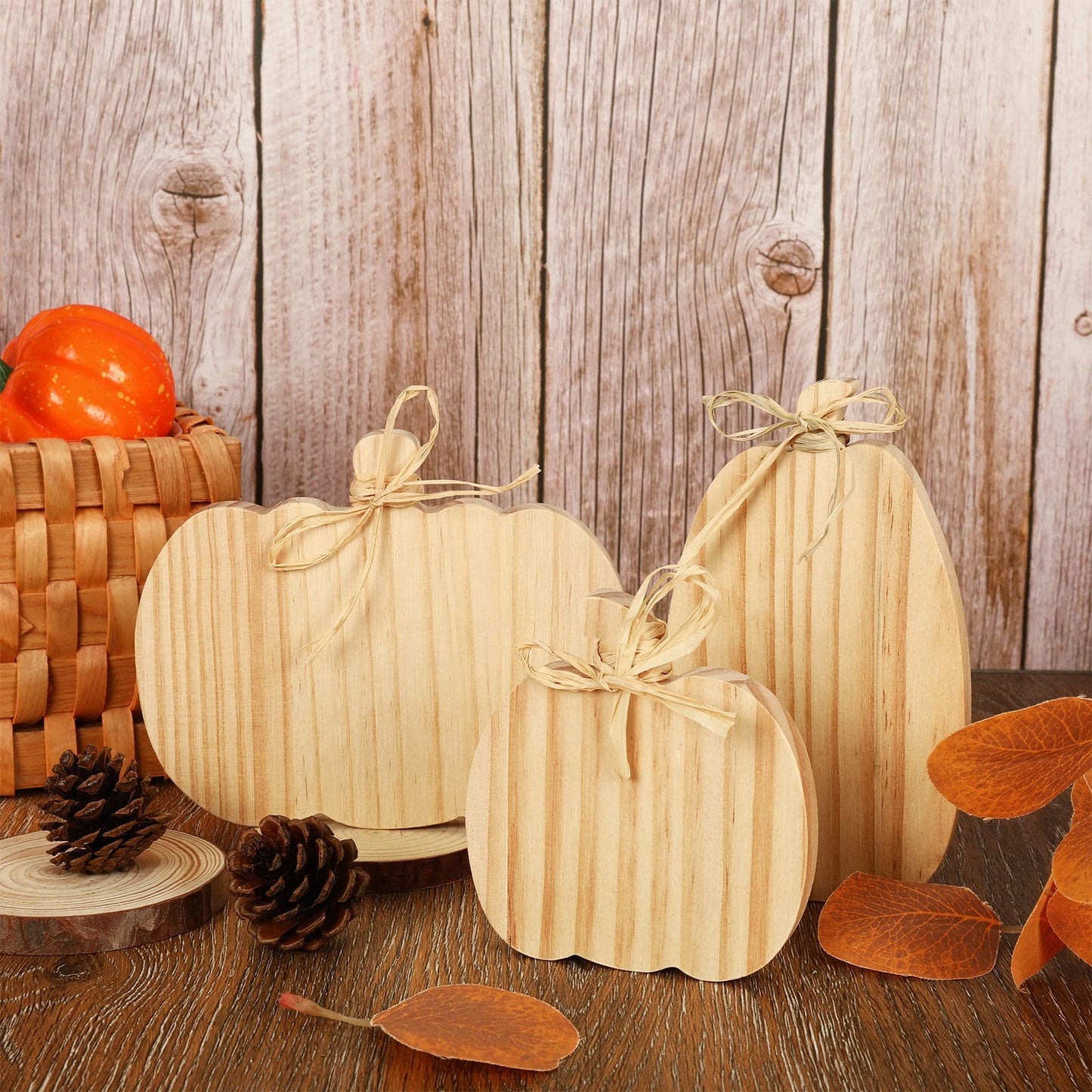 Whaline 3Pcs Unfinished Fall Pumpkin Wooden Cutout with Natural Raffia Pumpkin Shaped Tiered Tray Decor Pumpkin Wooden Table Sign for Autumn Thanksgiving Halloween Home Office Table Decor DIY Crafts