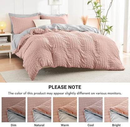 HYMOKEGE California King Comforter Set - Luxurious Rose Gold & Light Grey Seersucker | 7-Piece All-Season Bedding Set