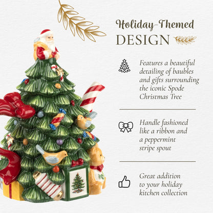 Spode Christmas Tree Figural Teapot - Festive 27 oz Christmas Teapot with Mistletoe Accents, Peppermint Stripe Spout, and Ribbon Handle - Decorative Dolomite Tea Pot for Holiday Tea Parties