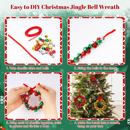 YBB 320Pcs Jingle Bell Wreath Ornaments Kit, 0.59inch Christmas Crisp Sound Bells for Craft with 20 Chenille Stems and Red Ribbon for Christmas Tree Party Decorations Kids DIY Crafts (Set of 10)