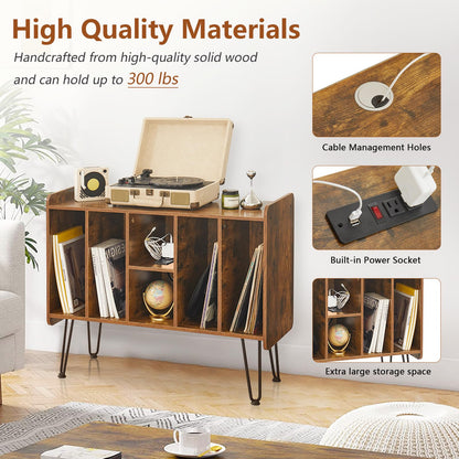 BMWEI Record Player Stand with Display Area, Wooden Turntable with Storage, Holds Up to 300 Albums (Brown)