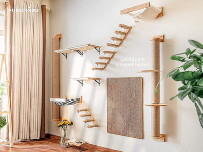 FUKUMARU Cat Activity Tree with Scratching Posts, Wall Mounted Jute Scratcher Pine Hammock