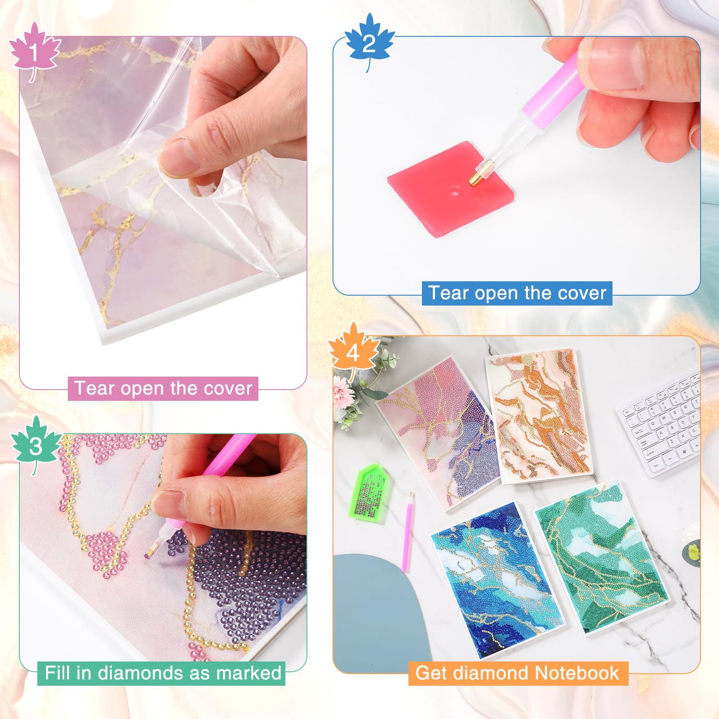 Mooliwe 4 Pcs Diamond Painting Notebook for Adults, Diamond Art Journal DIY Art Kits Sets A5 Leather Painting Sketchbook Christmas Gifts for Adults Beginners(Marble)