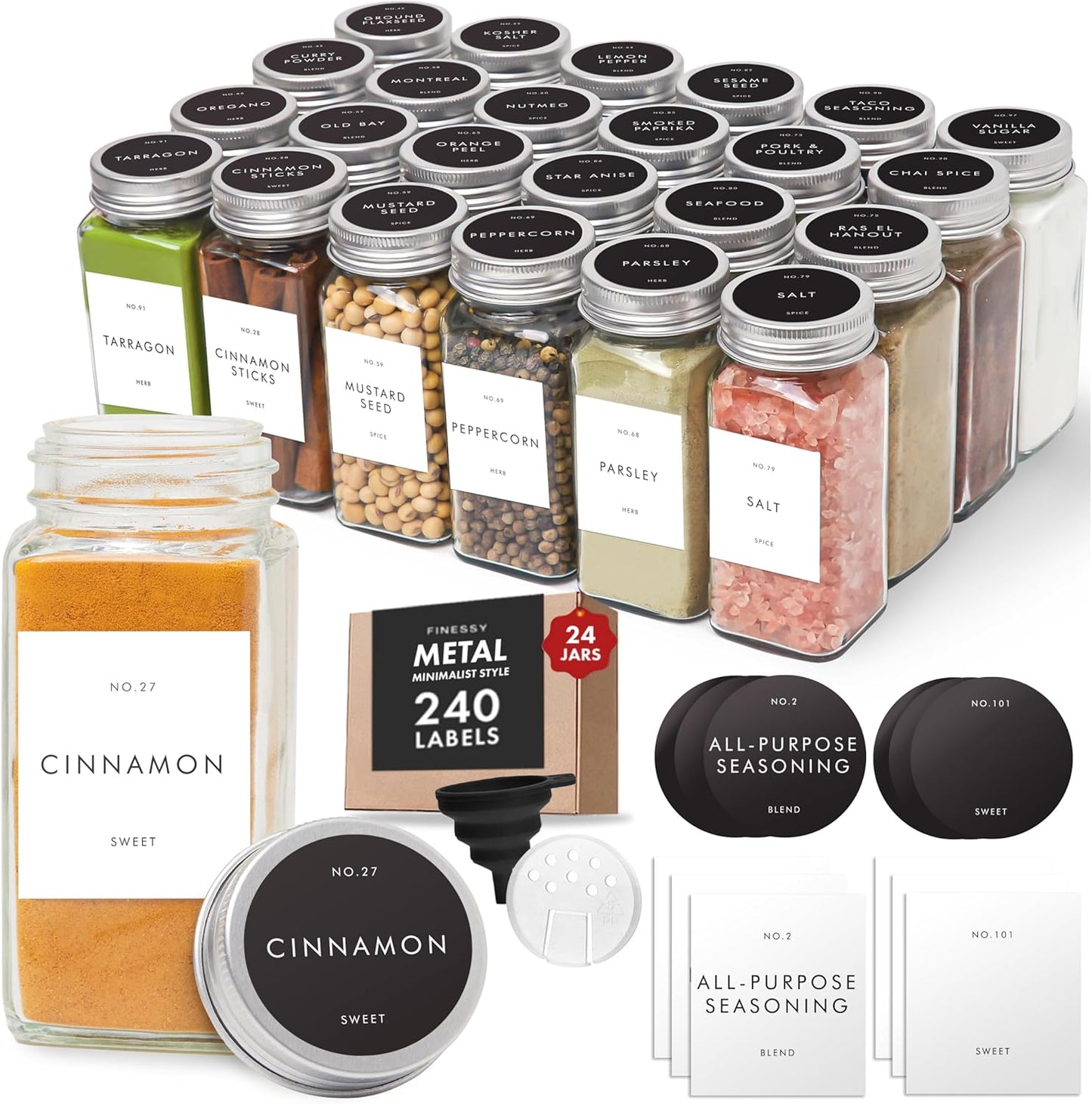 24 Pack Set, 4oz Glass Spice Jars with Labels with Metal Lids and Shakers Minimalist Small Clear Empty Spice Bottles
