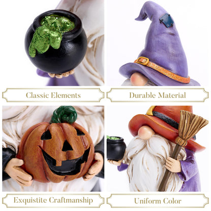 Valery Madelyn Gnomes Halloween Decorations Indoor, 2 Pcs Resin Gnome Decor for Home with Witch Hat Broom Jack O Lantern Moon, Halloween Figurines Elf Dwarf for Table Tiered Tray Outdoor, 3.6"
