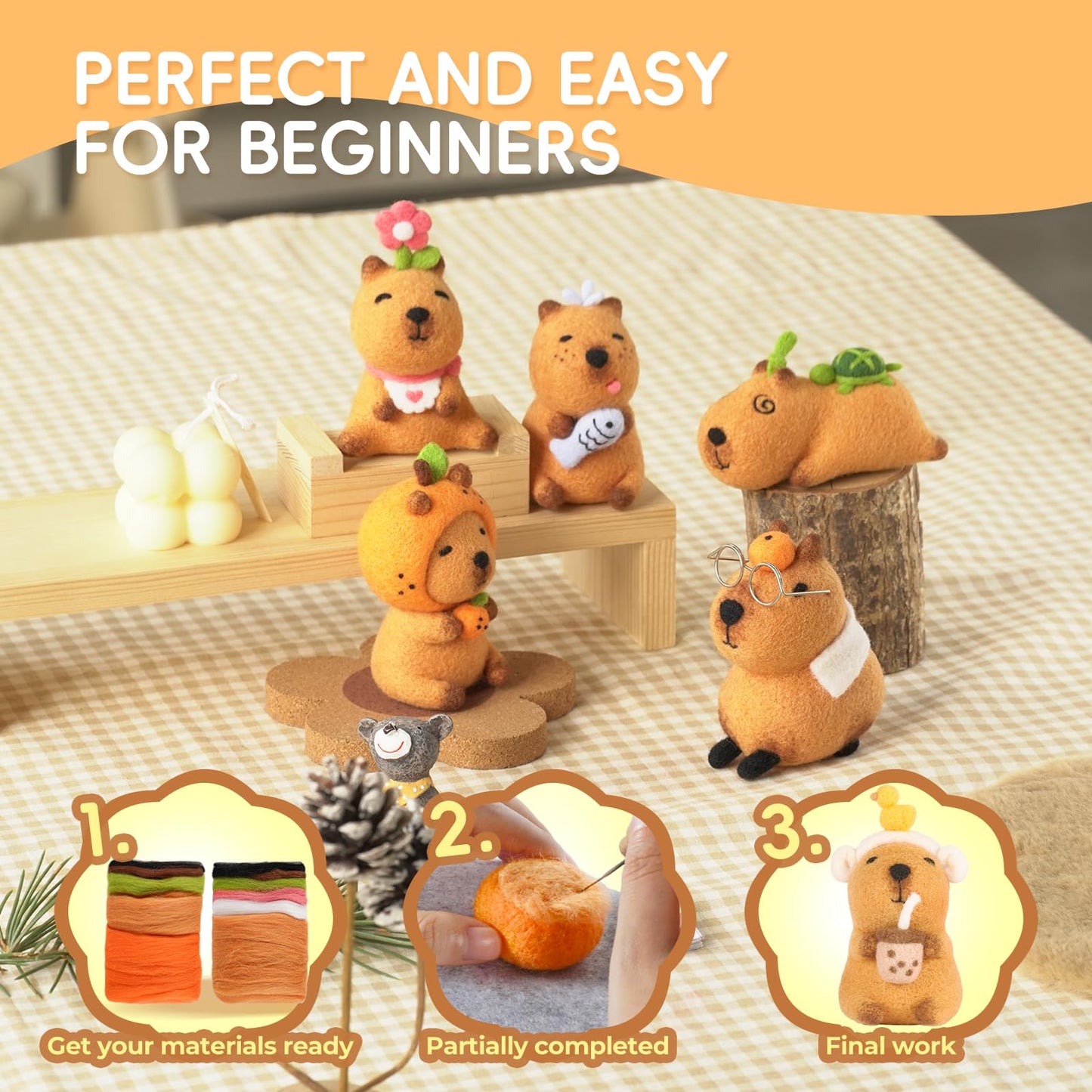 LUDOTEK Needle Felting Kit, 6 PCS Farm Animal Needle Felting Beginner Kits, Wool Felt Needle Felting Tools Foam Pad, Craft Party Supplies for Beginners Adult(6pack Capybara)