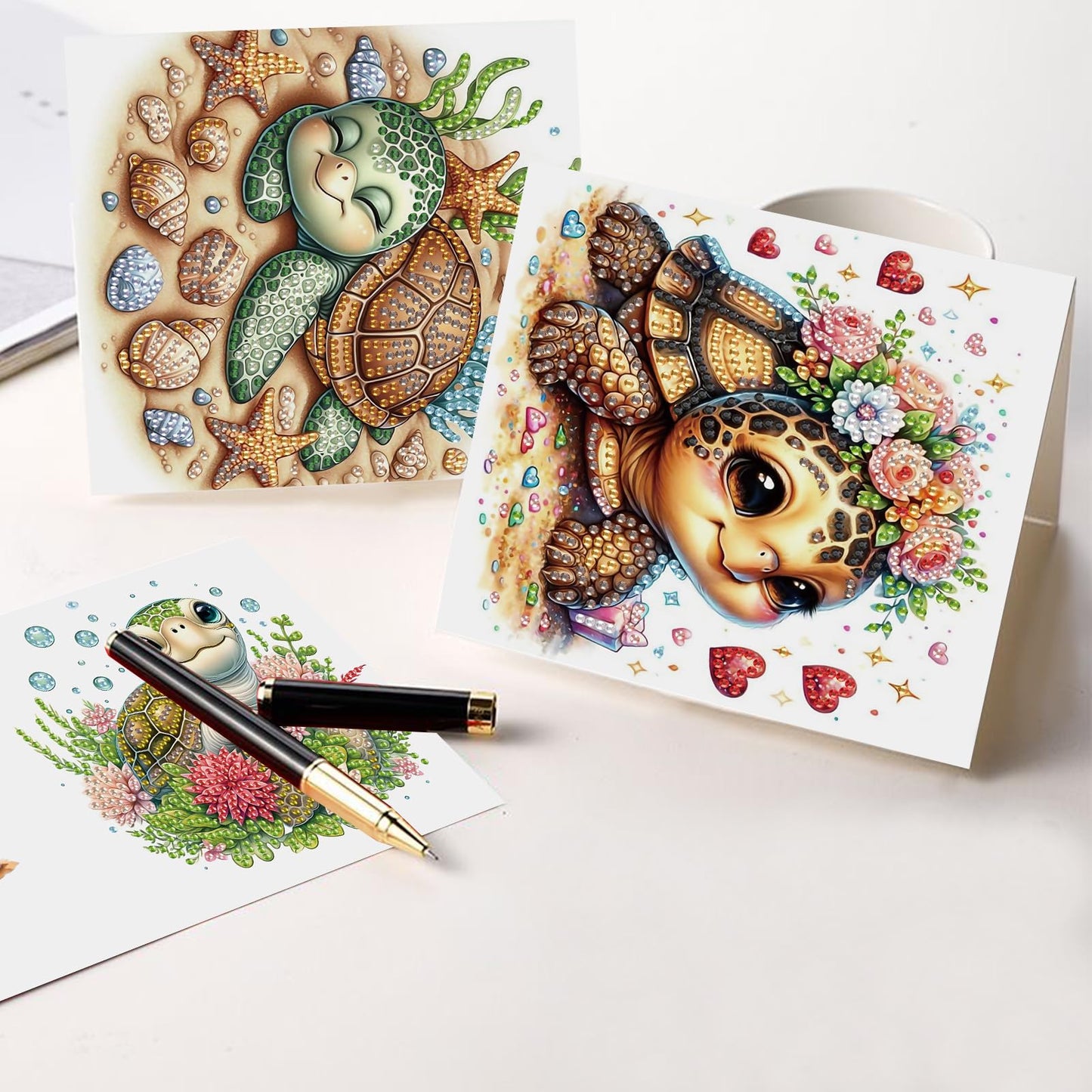 antor 6 pcs Diamond Art Painting Greeting Card Kits, Animal Cute Turtle Design Irregular Shapes Diamond Art Fine Glitter Greeting Cards with Envelopes, Clay Glue, Pen, and Bead Bag for Creative Gifts