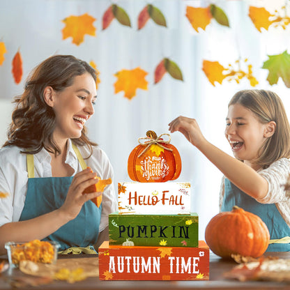 4 Pcs Fall Thanksgiving Decorations for Home,Wooden Pumpkin Signs with Sayings Hello Fall Maple Leaf Block Signs Tiered Tray Tabletop Decor Thanksgiving Decor Indoor for Office Farmhouse Home Kitchen
