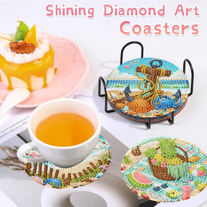 8 PCS Diamond Art Coasters Kits Beach Diamond Painting Coaster Kits Diamond Coasters with Holder Cork Pads Gem Art Dots Paintings Crafts Supplies for Adults Beginners