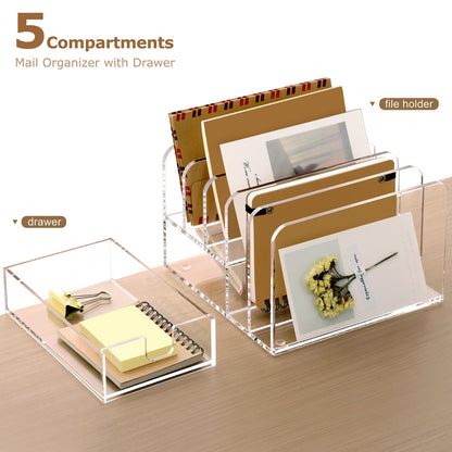 SANRUI Acrylic Mail Sorter Desktop Organizer Holder with Drawer, 5 Compartments Clear Small File Script Letter Document Storage for Desk Bill Filling Envelope Holder Office, Home, School Organization