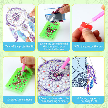 Honoson 6 Pcs Mandala Dream Catcher Diamond Painting Kits for Adults Suncatcher Diamond Art Hanging Kits Wind Chimes 5D Rhinestone Suncatcher Crystal Hanging Ornament for DIY Craft Window Home Decor
