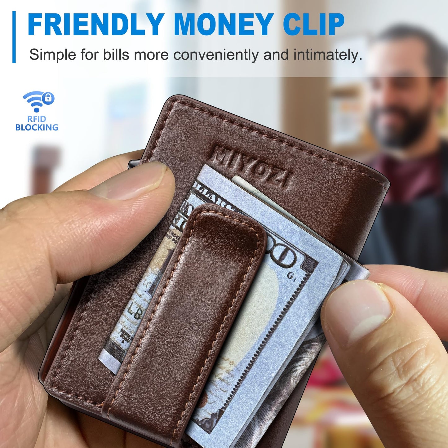 miyozi Men Wallet,with Money Clip Coins Pocket ID Window,Slim Front Pocket RFID Blocking Pop-up Card Holder 3.9"x 2.7", Gift Boxed