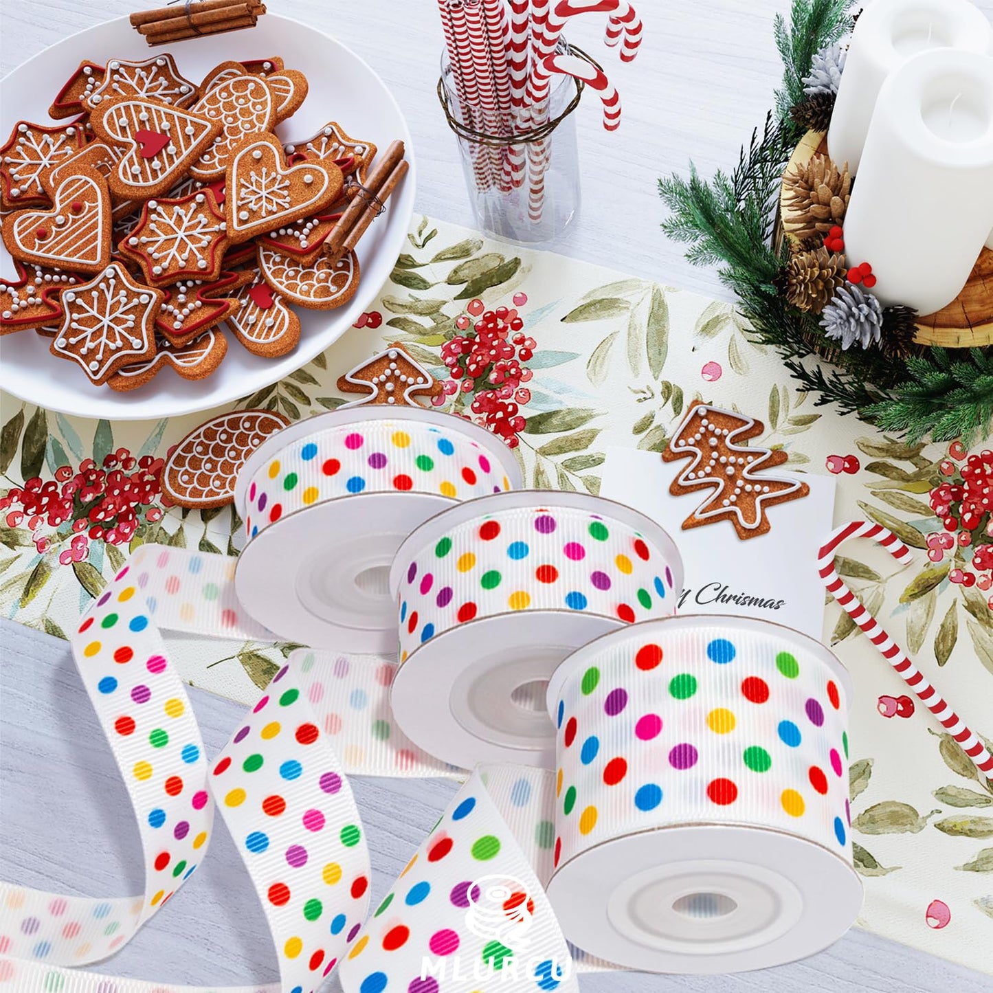 Polka Dot Ribbon Set 3 Rolls 5/8", 7/8", 1.5" Rainbow Colored Dot Grosgrain Ribbons for Gift Wrapping, Birthday Party, Baby Shower, Wreaths, Hair Bows, Banners, Candy Bags, DIY Crafts