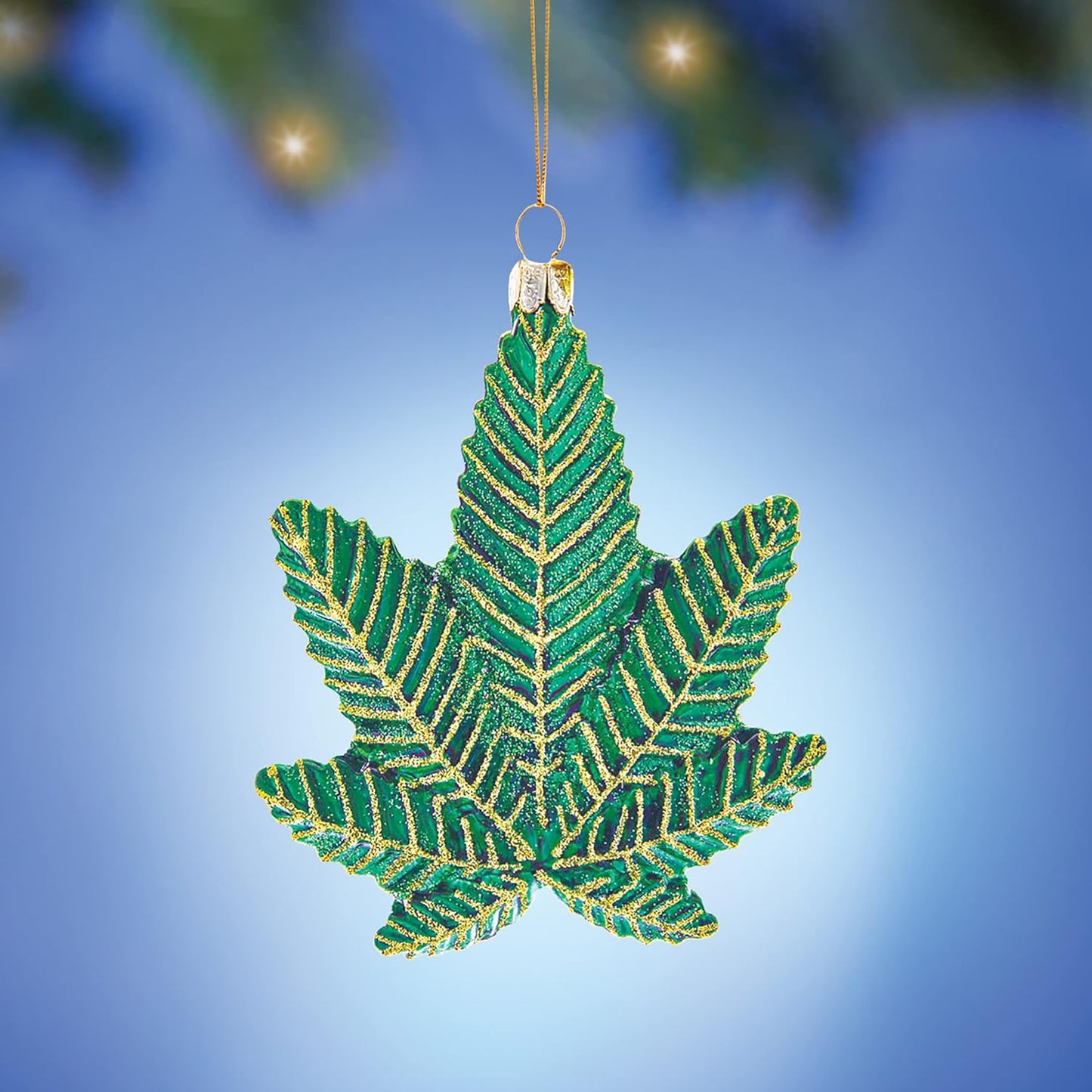 Kurt S. Adler Sparkling Green Glass Cannabis Leaf Christmas Ornament