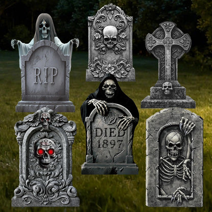 Heyigrow Halloween Death Tombstone Yard Signs, 6 Pcs Spooky Skeleton Skull Outdoor Decoration for Lawn Cemetery Graveyard