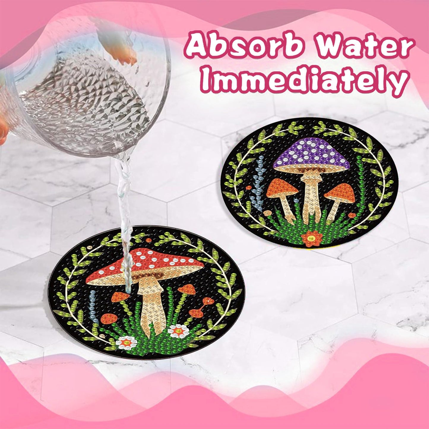 Diamond Art Coasters Kits Mushrooms, Mushroom Diamond Painting Coasters with Holder Set of 8, DIY Coaster Gem Art Crafts Supplies for Adults Beginner Cup Mat with Nice Gift Box for Home Decor 3.9 inch