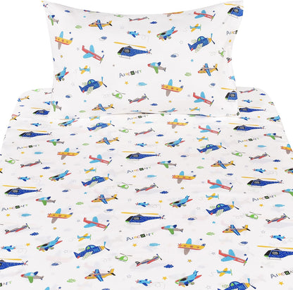 J-pinno Set 100% Set Plane Airplane Aircraft Helicopter Cartoon Twin Sheet Bedroom Decoration Gift Cotton Flat Sheet +