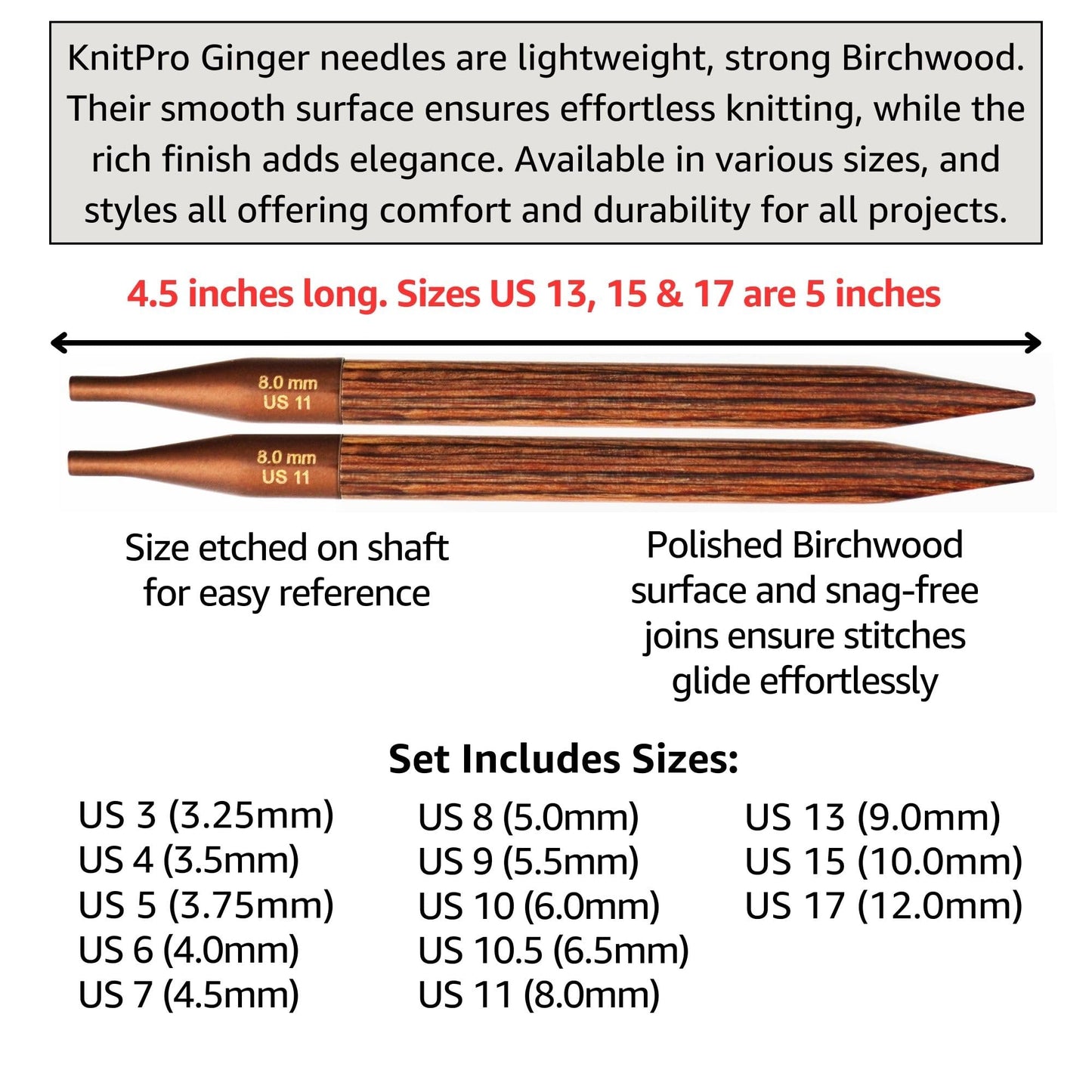 KnitPro Ginger Grande Set 5 inch Circular Knitting Needles Size 3, 4, 5, 6, 7, 8, 9, 10, 10.5, 11, 13, 15, 17 Interchangeable, 6 Cables & More, Fabric Case with Project Bag