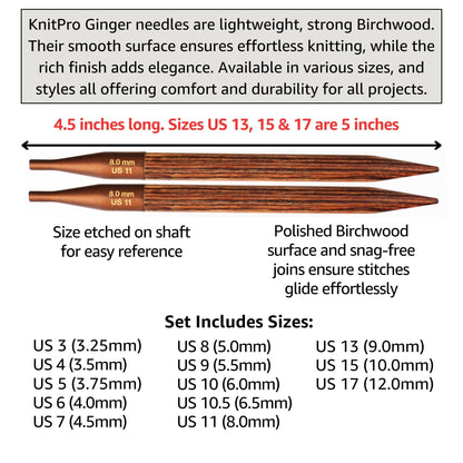 KnitPro Ginger Grande Set 5 inch Circular Knitting Needles Size 3, 4, 5, 6, 7, 8, 9, 10, 10.5, 11, 13, 15, 17 Interchangeable, 6 Cables & More, Fabric Case with Project Bag
