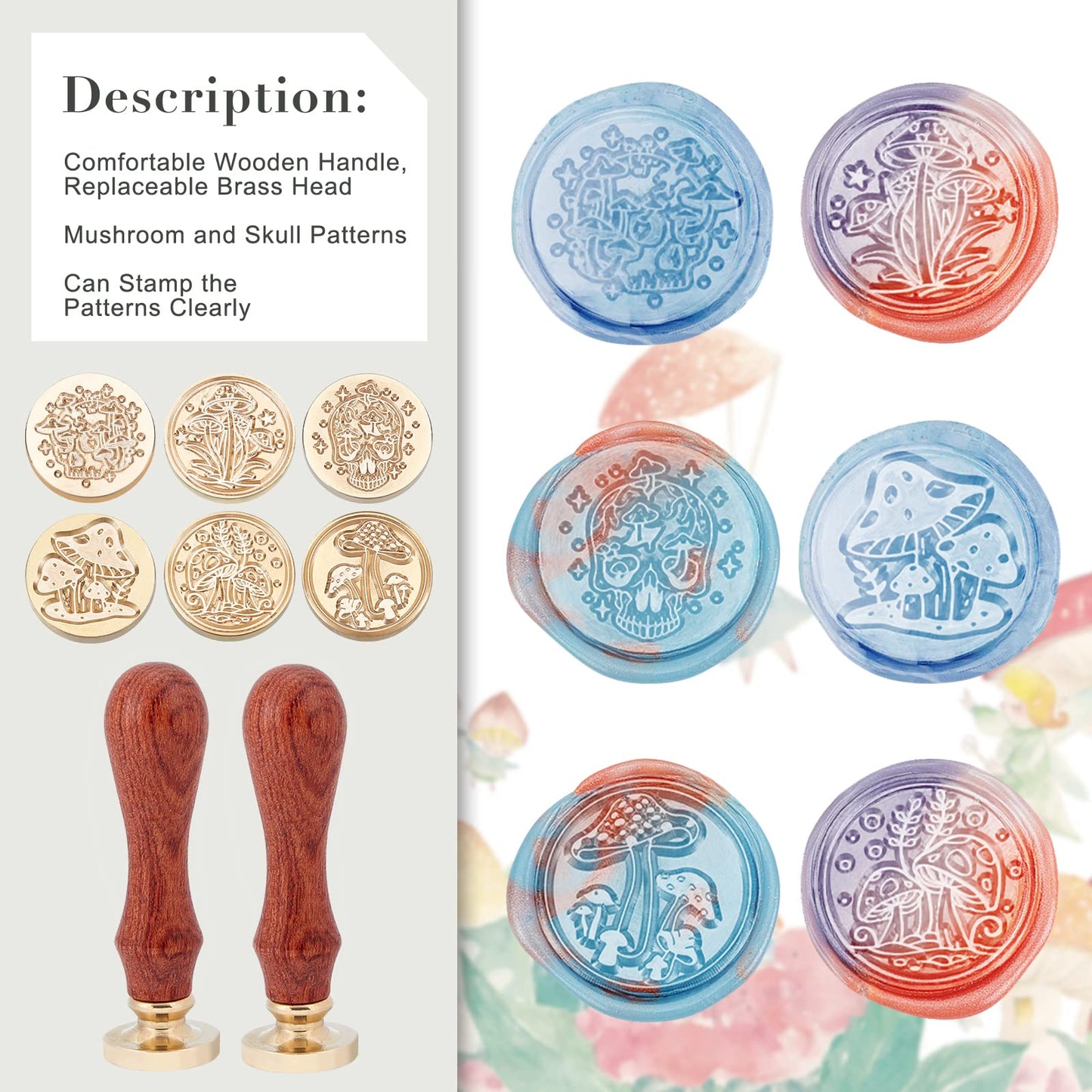 SUPERDANT Mushroom Plant Series Sealing Kit with 6 Stamp Heads - Vintage Wax Stamp Kit for Cards, Envelopes & Invitations
