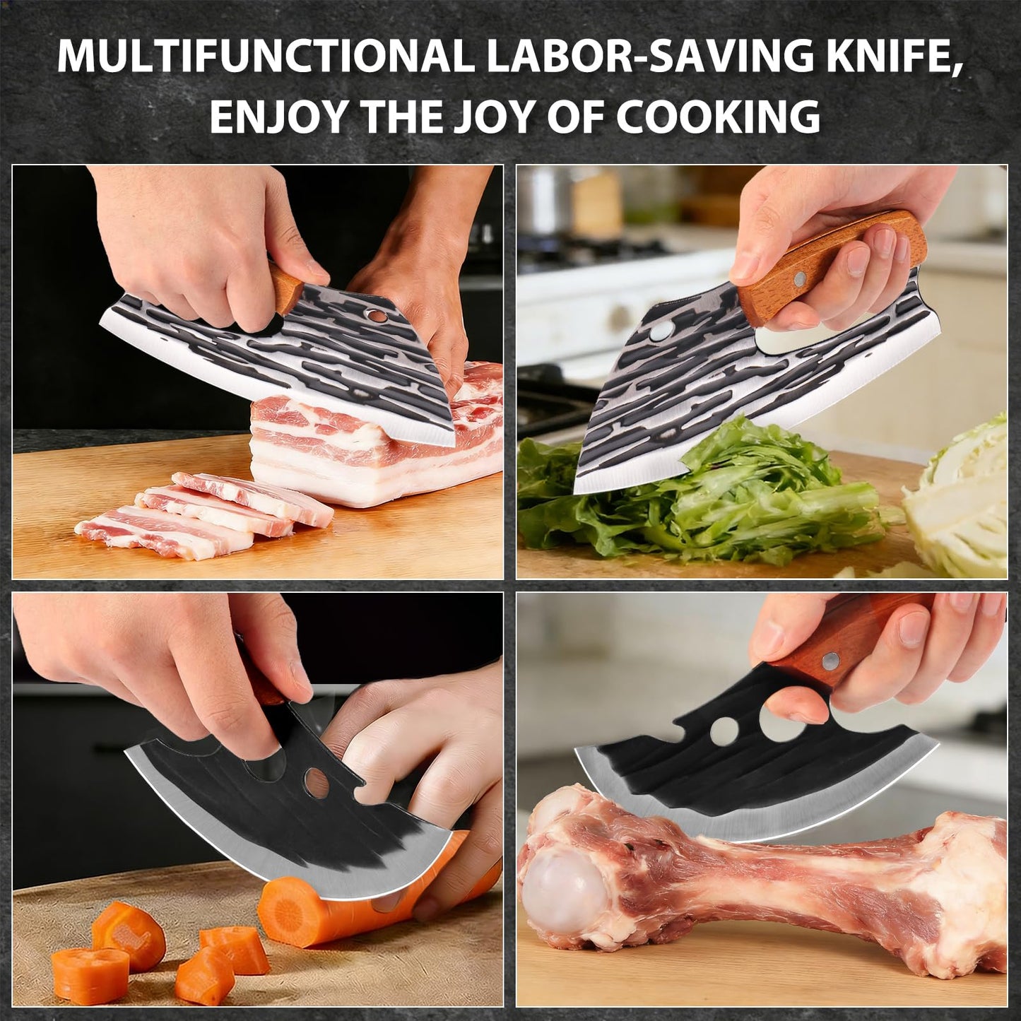 Wruhamd 2 Pcs Meat Cleaver Knife Set, Effort Saving Meat Cleaver for Cutting Meat Vegetable, Sharp Carbon Steel Cooking Viking Knife with Leather Sheath for Kitchen, Camping, Outdoor Cooking, BBQ Gift