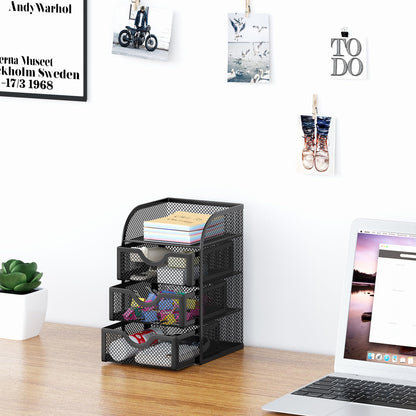 EasyPAG Mesh Desk Organizer with 3 Drawer Office Desktop Organizers and Accessories Stationery Caddy for Office, Home, Students, Black