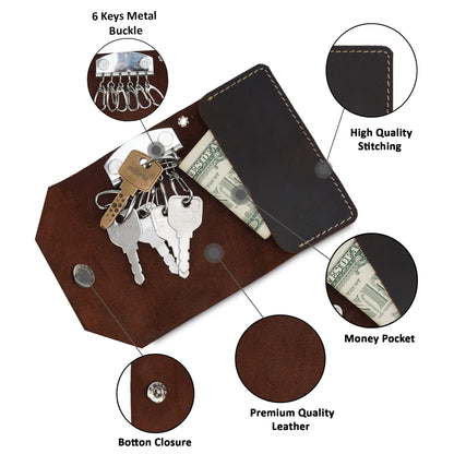 TheAntiq Genuine Leather Key Organizer Wallet – Compact Key Holder Case with 6 Hooks & Cash Pocket, Snap Closure Keychain with Carabiner for Car & Home Keys, Brown