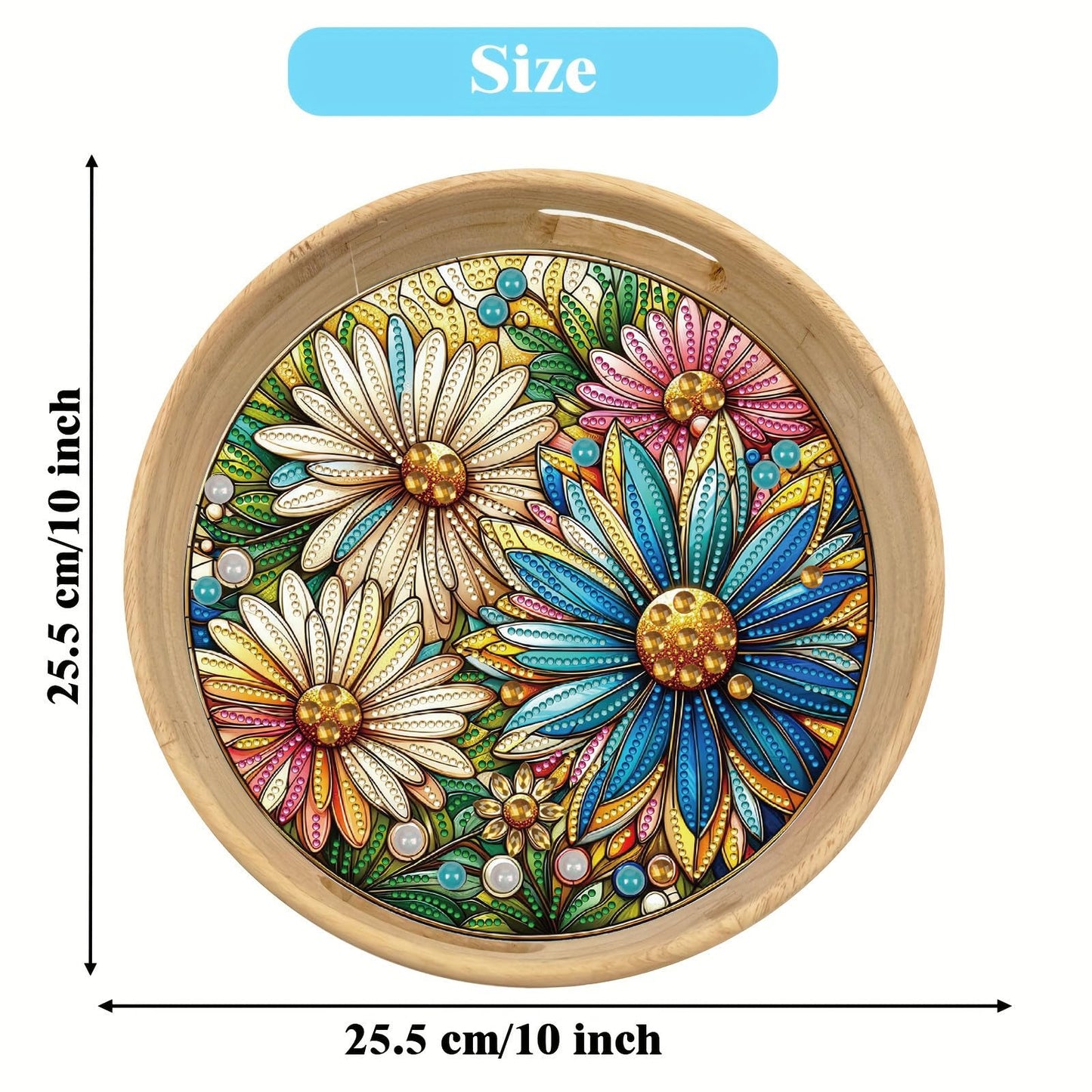 ARTopet DIY Diamond Tray Round Diamond Art Painting Creative Design Handmade Wooden Tray Dinner Plate Diamond Art for Coffee Living Room Home Organizer Diameter 25.5cm-Daisy
