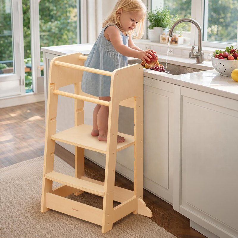 Pillowhale Standing Tower for Toddlers- Adjustable Height with 360° Safety Rail, Kids Step Stool with Safety Rail, Wooden Step Stool, Age 18 Months-6years