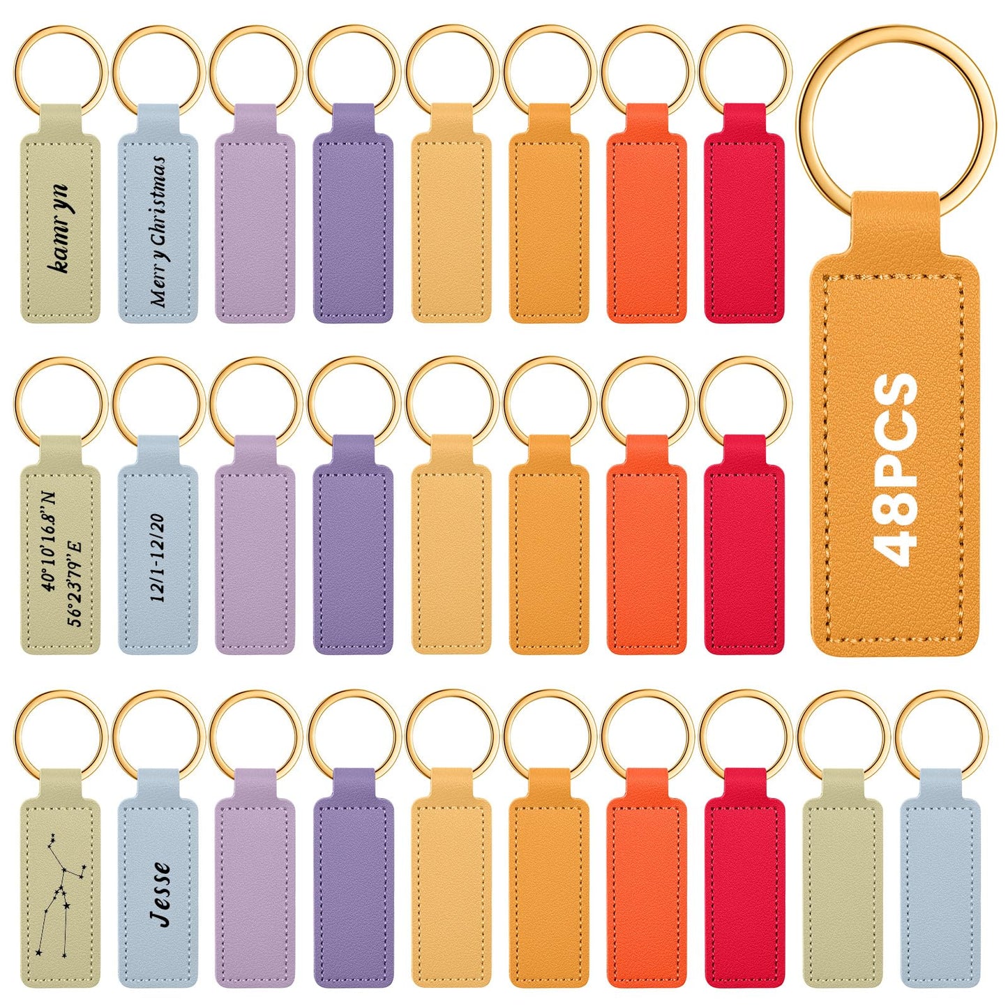 Wavyknot 48 Pcs Leather Keychains Blank Bulk PU Leather Laser Engraving Keychains for Men Women Birthday Party Gifts (Vibrant Color)