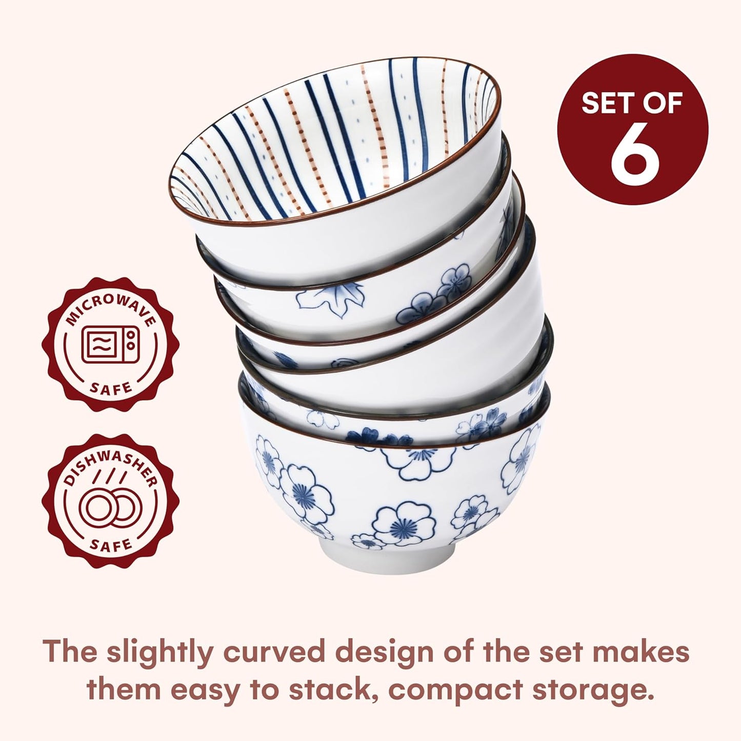 Japanese Rice Bowls Set of 6, Vintage Blue White Porcelain Cereal Bowls, Stackable, Microwaveable & Oven Safe