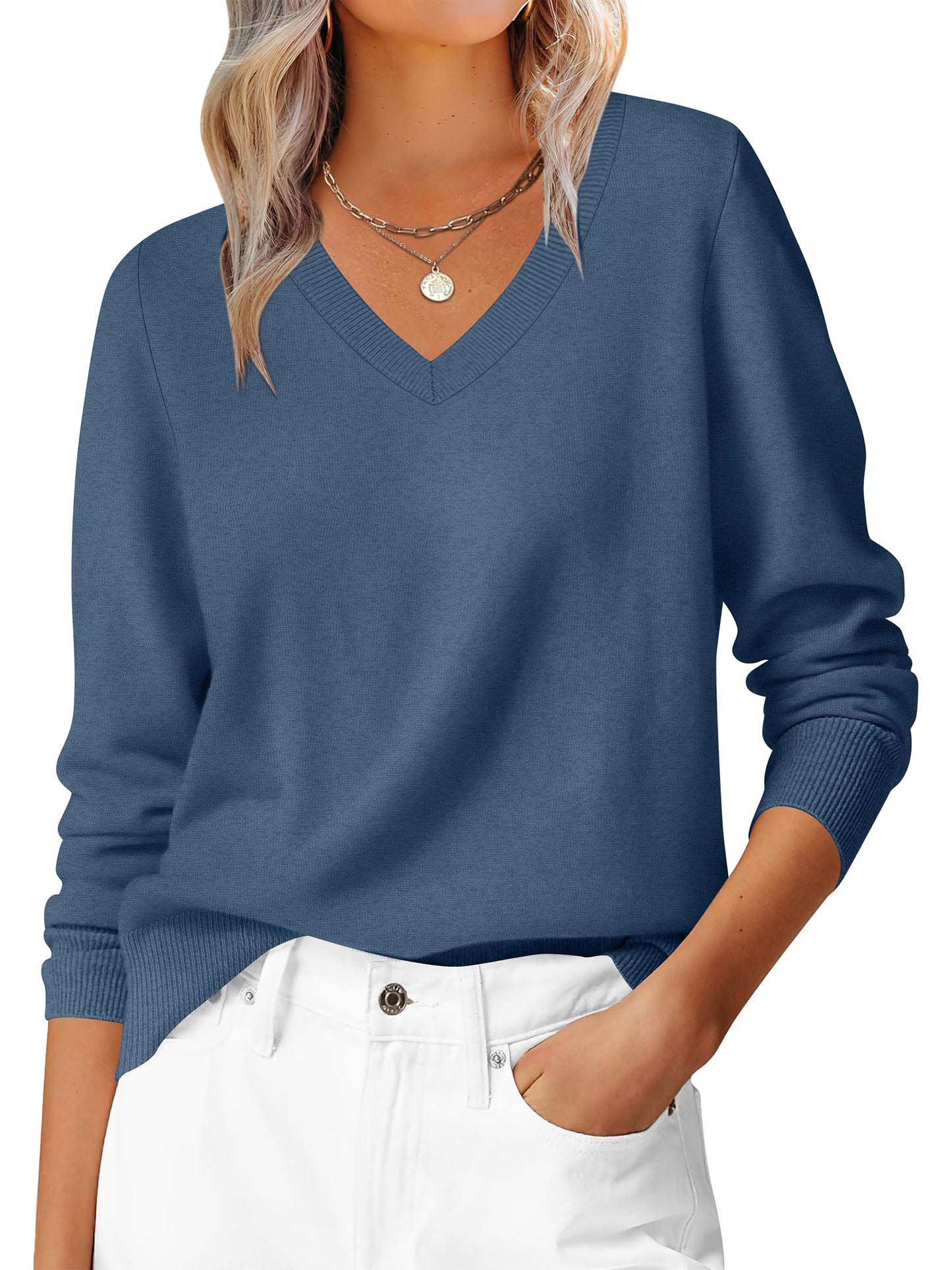 ANRABESS Womens Long Sleeve V Neck Sweaters 2025 Fall Casual Classic Soft Loose Fit Basic Pullover Jumper Top