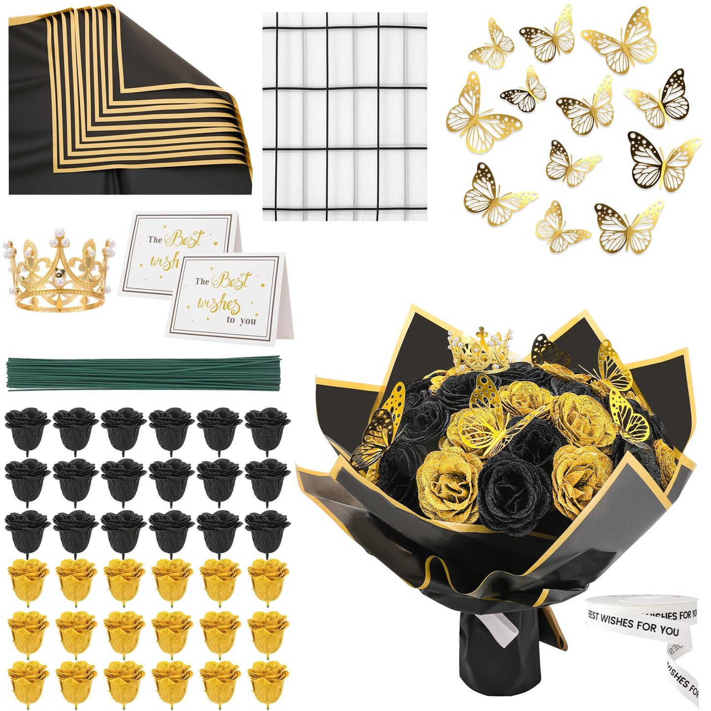 Ovveroche 36 PCS Glitter Roses Bouquet Kit, Black, Gold Sparkling Flower Arrangement with Stems, Butterflies, Crown, Wrapping Paper, Card, Ribbon for Wedding, Graduate, Birthday, DIY Crafts