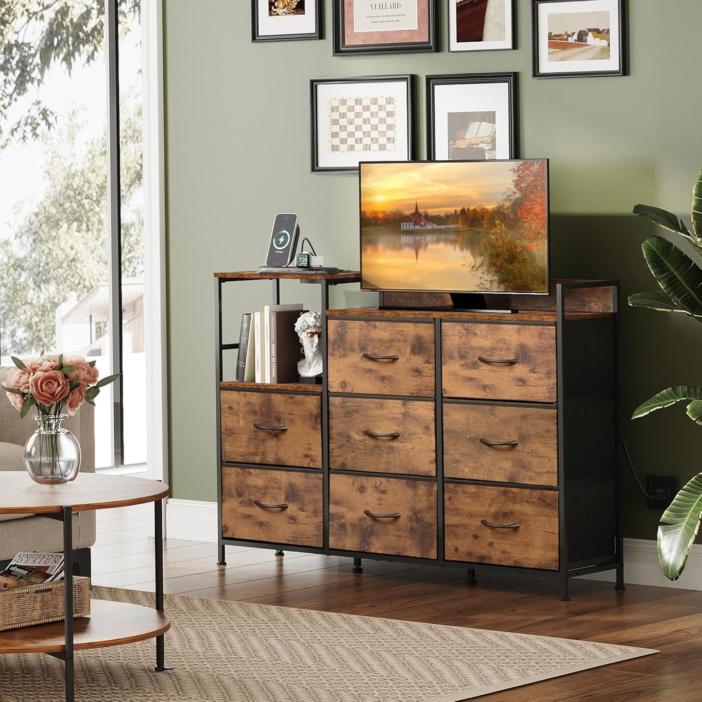 8 WLIVE TV Stand Dresser with Charging Station, Entertainment Center with Fabric Drawer, TV Media Console Table,Open