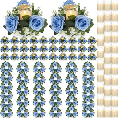 Yunlly 32 Pcs Rose Candle Rings with Flameless Candles Sets, Artificial Flower Eucalyptus Wedding Centerpiece 3 Inch Pillar Candleholders Wreaths for Wedding Party Mother's Day (Blue)