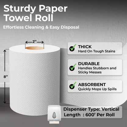 Restaurantware-Paper Towel Roll 600' x 1 Roll Long Paper Towel 8" Wide Hand Towel Roll 1 Ply Universal Dispenser 2" Core Hardwound High Absorbency Everyday Use For Commercial Washroom White