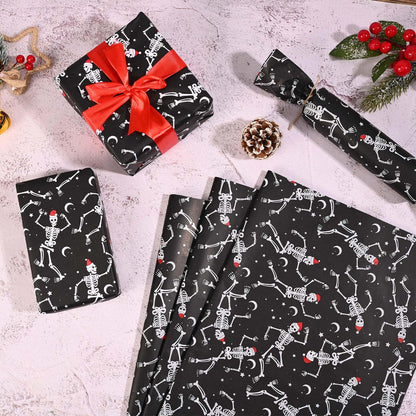 Bolsome 100 Sheets 20 * 14 Inches Christmas Tissue Paper for Gift Bags Black Dancing Skeleton with Santa Hat Printed Tissue Paper Spooky Decorative Tissue for Xmas Party Winter Holidays DIY Crafts