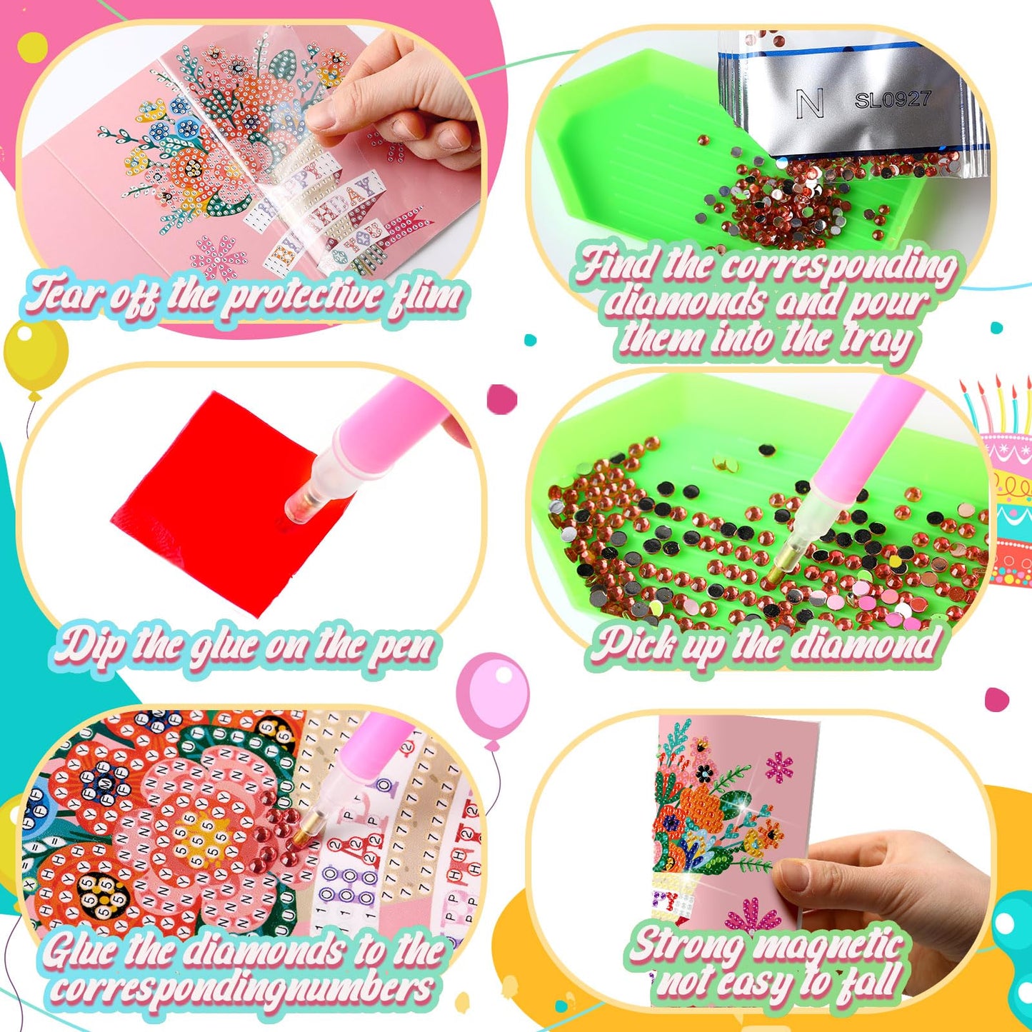 Saillong 12 Pack Happy Birthday Diamond Painting Greeting Card Kits DIY Diamond Art Cards with Envelopes Birthday Cake 5d Rhinestones Painting Kits for Adults DIY Crafts Family Friend Birthday Gifts